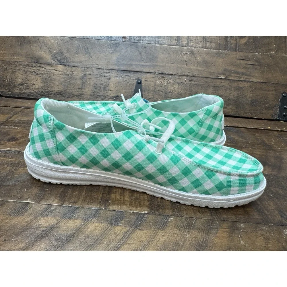 Hey Dude Wendy Shamrock Gingham Green White Casual Slip-on Shoes Size 11